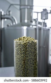 Malt Background. Ingredient For Beer. Fragrant Hop Granules. Glass Full Of Hop Pellets.