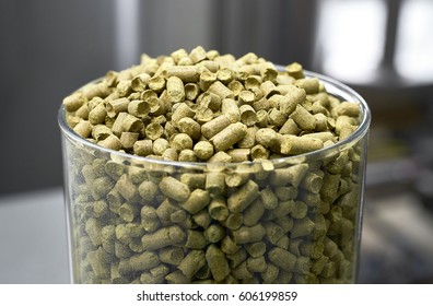 Malt Background. Ingredient For Beer. Fragrant Hop Granules. Glass Full Of Hop Pellets.