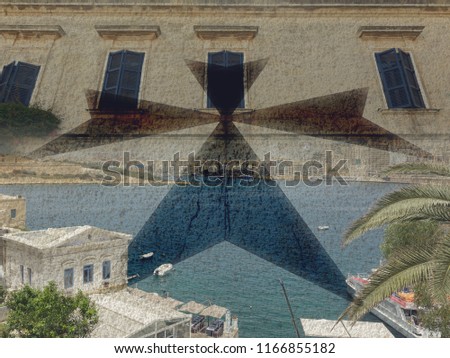 Similar – On the left, part of Gaeta Cathedral (Italy) On the right, an old building and the silhouette of an umbrella line. In between the view of the old town and the port of Gaeta.