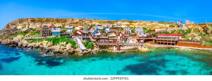 Malta, Il-Mellieha. View of the famous Popeye  village Mellieha and bay on a sunny day