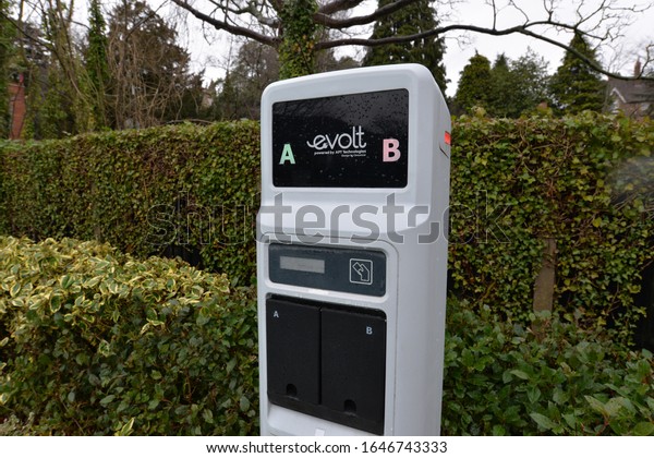 MALVERN, UNITED KINGDOM, 15th February 2020: An\
evolt electronic car charging unit in a car park for hybrid and\
electric powered cars