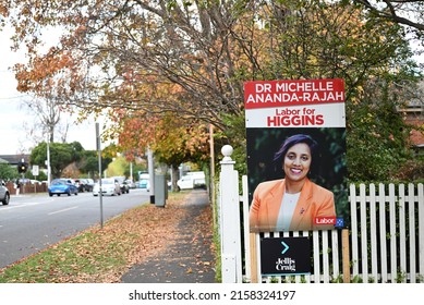 Malvern, Victoria, Australia - May 20 2022: Large Dr Michelle Ananda-Rajah Political Campaign Sign, Promoting The Labor Candidate's Candidacy For The Seat Of Higgins At The Upcoming  Federal Election