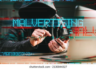 Malvertising - Phone Hack And Attack Method Concept. Cyber Criminal Hacker Using Laptop And Smartphone With Glitch Effect