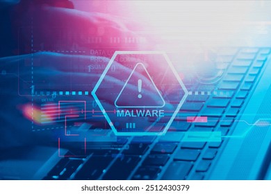 Malware attack virus alert , malicious software infection , cyber security awareness training to protect business information from threat attacks