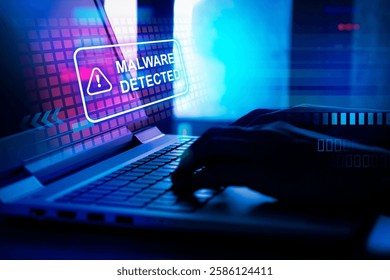 Malware attack virus alert , malicious software infection , cyber security awareness training to protect business information from threat attacks