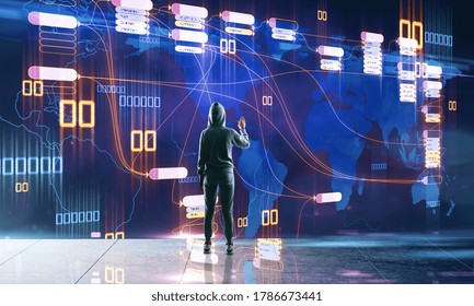 Malware and hacking concept with hacker touching blurry digital screen with growth effect trading chart. Double exposure.