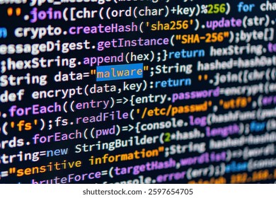 Malware. Image shows a close-up of computer screen displaying code with focus on String malware The image is related to cybersecurity or computer programming themes, using coding language and IDE