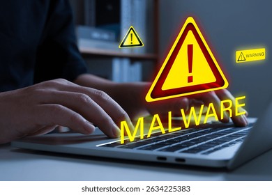 Malware. people hand working on laptop computer with virtual malware attack warning graphic icon, virus protection software, cybersecurity, business finance, internet network technology concept