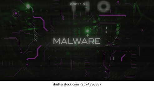 Malware text image over digital code and green lights background. Cybersecurity, computer, virus, hacking, threat, security
