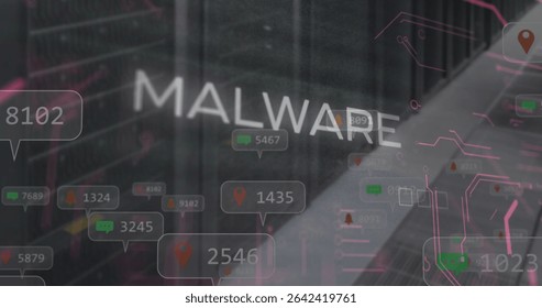 MALWARE warning flashing in data center corridor, showing server racks cables LEDs and overlays. Cybersecurity, network, intrusion, monitoring, digital, technology, protection