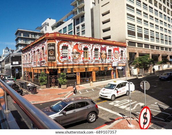Mama Africa restaurant view\
from City Sightseeing bus in Long Street, African music and locals\
food experience in Cape Town Central, South Africa at 23 Nov\
2016.