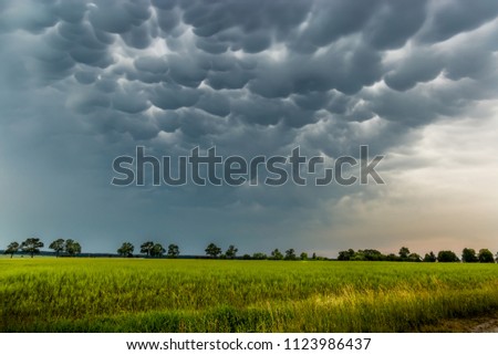 Mammatus clouds fill the sky in czech countryside