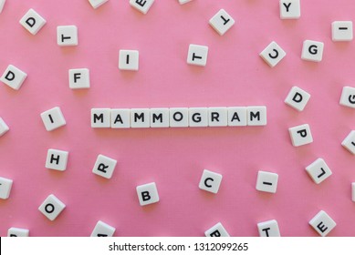 Mammogram word made of square letter word on pink background.