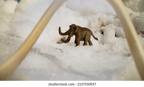 Mammoth stands in permafrost. Figurine of a mammoth on a background of snow.