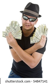 man with a lot of 100 dollar bills, isolated on white background