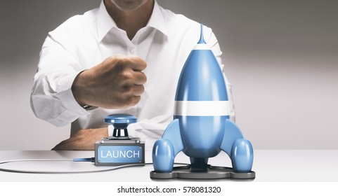 Man about to launch a rocketship. Advertising concept of company startup or business boost. Composite between a 3D image and a photography background.