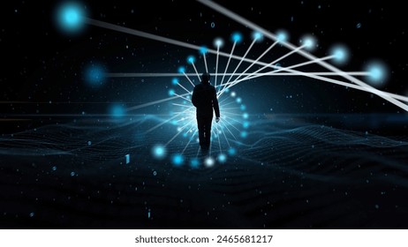 Man and abstract DNA chain illustration background.	
