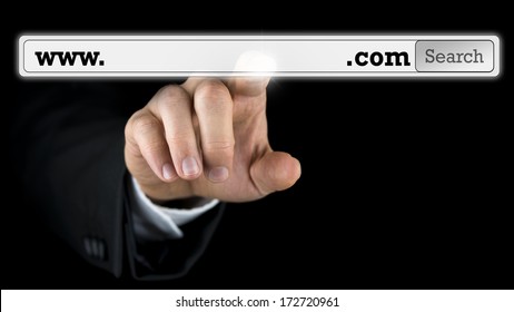 Man accessing a domain name on a virtual screen with copyspace in the navigation bar for your website address