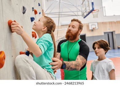 A man, acting as a teacher, leads two children in climbing up a wall in a bright and lively classroom setting. - Powered by Shutterstock