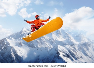 Man, active sport lover, snowboarder in motion over snowy mountains background. Tourism and travel. Concept of winter sport, action, motion, hobby, leisure time. Banner. Copy space for ad