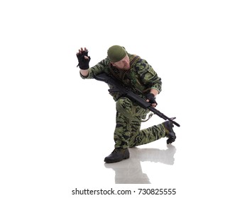 Man Actor In The Form Of An American Fur Seal Posing On A White Background. Special Forces In Vietnam, 1970's.