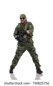 Man Actor In The Form Of An American Fur Seal Posing On A White Background. Special Forces In Vietnam, 1970's.