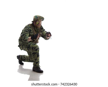 Man Actor In The Form Of An American Fur Seal Posing On A White Background. Special Forces In Vietnam, 1970's.