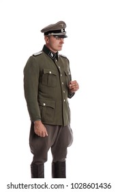 Man Actor In The Movie Role Of An Old Military Man  Posing Against White Background