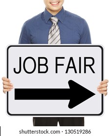 A Man Advertising A Job Fair Signboard Or Poster