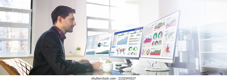 Man Advisor Using Multiple Computer Monitors With Finance Charts