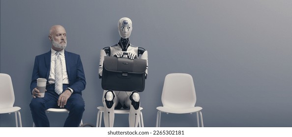 Man and AI robot waiting for a job interview: AI vs human competition - Shutterstock ID 2265302181