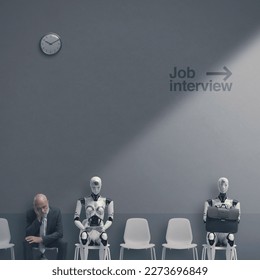 Man and AI robots waiting for a job interview in a corporate office, recruitment and work concept - Shutterstock ID 2273696849