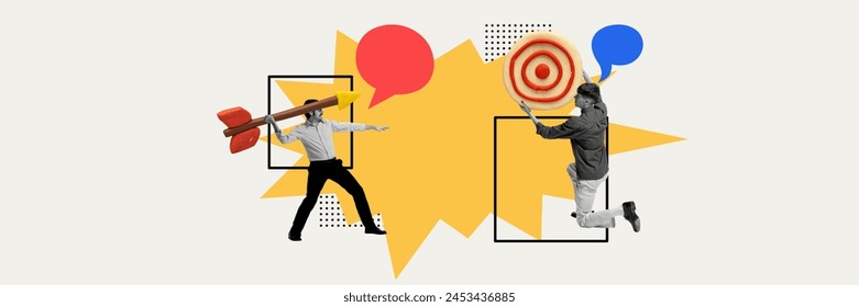 Man aiming arrow into target. Contemporary art collage. Targeted approach, importance of planning and strategy. Concept of business, public relations, marketing and management, improvement