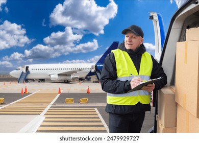 Man airmail representative. Courier and minivan with parcels. Boxes for airmail delivery. Delivery man stands near runway. Airmail courier employee near plane. Air logistics. Courier with clipboard - Powered by Shutterstock