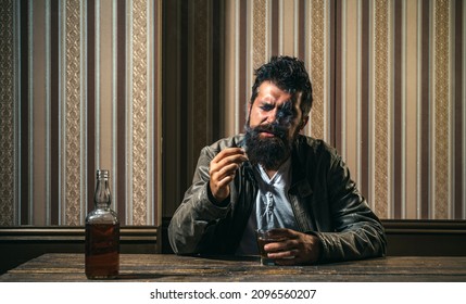 Man Alcohol Abuse. Drunk Man Hold Whisky Glass Addicted Alcohol Need Therapy. Alcoholism, Alcohol Addiction And People Concept. Bottle And Glass Of Whisky.