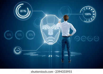 Man analyzing AI technology interface with facial recognition hologram projections