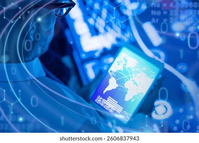 Man analyzing digital world map on tablet. Technology, digital, and map themes. Blue digital overlay enhances the tech and map focus.