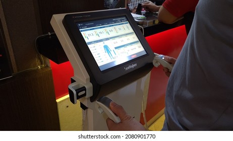 A Man Is Analyzing His Body Mass Index Or BMI At A Gym. Jakarta, 25 November 2021.