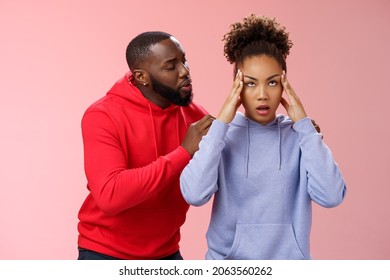 Man Apologizing Girlfriend Behind Back Touching Shoulder Comforting Girl Feel Pressured Irritated Fed Up Lying Hear Boyfriend Sorry Arguing Standing Bothered Pink Background, Couple Fighting