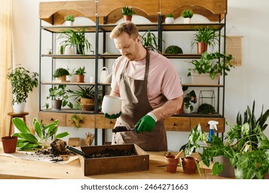 A man in an apron and gloves tenderly waters a variety of lush plants in a vibrant plant shop. - Powered by Shutterstock