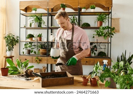 A man in an apron and gloves tenderly waters a variety of lush plants in a vibrant plant shop.
