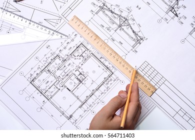 Man Architect Draws Plan Schedule Design Stock Photo 564711403 