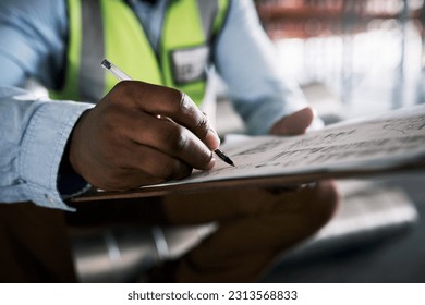 Man, architect and hands writing on checklist for inventory, inspection or construction paperwork on site. Hand of male contractor working on documents for planning, architecture or idea strategy