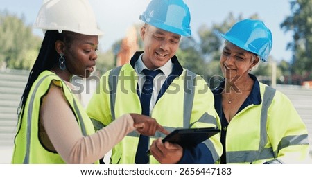 Man, architect and team with tablet at construction site with talk, point and infrastructure development. People, technician or engineer with smile, app and feedback for property expansion project