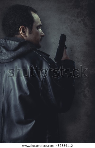 Man Armed Gun On Black Textured Stock Photo (Edit Now) 487884112