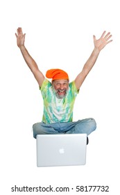 Man With Arms Outstretched Surfing On The Computer