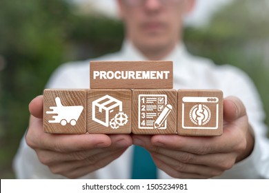 Man Arranging Wooden Blocks With Supply Chain And Retail Logistics Icons. Procurement Management Industry Concept.