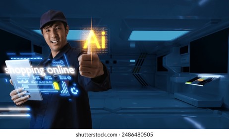 Man asian push UI User interface programmer Ai image recognition technology  Ai commerce Applications buy things online final sale offer details flash sale social media shopping online spaceship