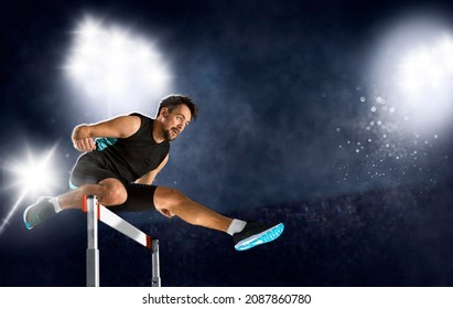 Man athlete hurdler running jumping over hurdles. Copy space background - Powered by Shutterstock