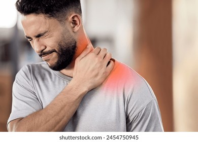 Man, athlete and neck pain in gym, inflammation and muscle sprain or tender from exercise. Male person, runner and red injury from marathon or training practice, hurt and ache or sport accident - Powered by Shutterstock